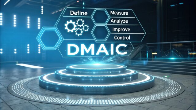Lean Six sigma and DMAIC concept. DMAIC process with gears and glowing hexagons in a modern setting