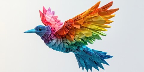 Obraz premium Colorful origami hummingbird soaring gracefully in midair against a light backdrop