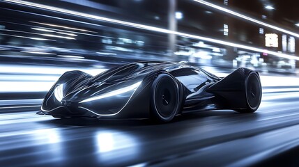 Futuristic Sports Car Blazing Through City Streets at Night: 3D Render. AI Generated