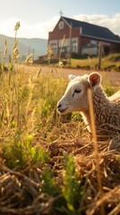 Vertical shot of a sheep grazing in a rural area HD 8K wallpaper Stock Photographic Image
