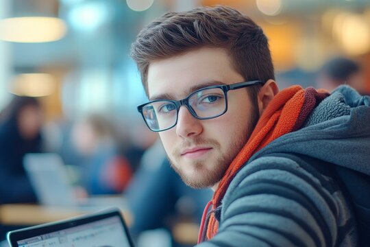 Young man wearing glasses looking confidently back while working on a laptop in a busy coffee shop with blurred people and warm ambient light in the background