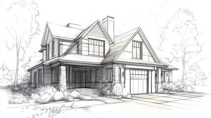 Sketch of a Two-Story House with a Garage