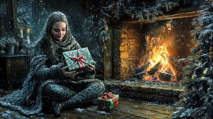 Cozy Winter Scene of a Woman with Gifts by a Christmas Fireplace in a Snowy Room