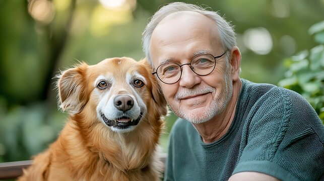 The image shows an older man with short gray hair wearing eyeglasses and a gentle smile, sitting on a bench in the park with his loyal dog beside him