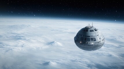 Futuristic spacecraft hovering above icy Uranus surface, distant stars and faint rings visible, symbolizing outer solar system exploration with advanced technology.