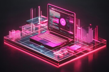 Futuristic Digital Workspace with Neon Elements Representing Software Development and Data Visualization, Featuring a Laptop, Graphs, and 3D Models in a Vibrant Cyber World