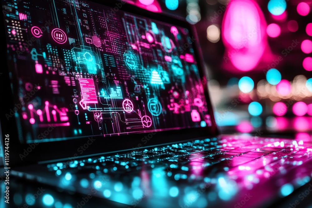 Poster high-tech abstract representation of digital information on a laptop screen with vibrant neon colors