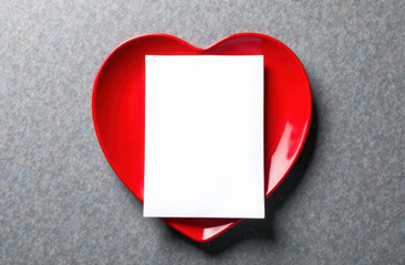 Heart-shaped red plate with blank white card for menu mockup on a gray background. Flat lay composition for Valentine's Day design and romantic dinner concept
