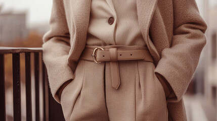 Close-up of monochrome outfits featuring coffee with milk colors styled with simple accessories for a timeless look. 