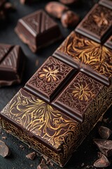 Exquisite dark chocolate bar with intricate designs and textures on a dark background