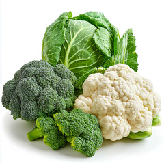 Cabbage, broccoli and cauliflower isolated on white background.