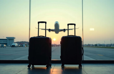 Fototapeta premium Two suitcases stand airport, plane taking off, wait departure. AI Generative