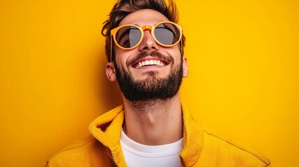 Cheerful man in yellow sunglasses against vibrant yellow background