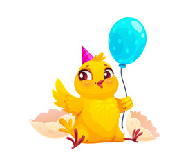Cartoon newborn chick cute character birthday. Easter holiday tiny chick bird funny character, spring newborn hen baby or Easter holiday chicken animal cute comical vector personage with balloon