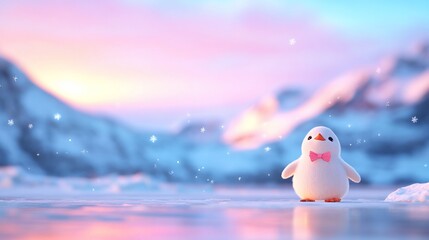 Cute penguin on ice, sunset mountains.