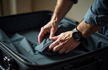 Fototapeta premium Person packs suitcase for trip, clothes are in the luggage. AI Generative