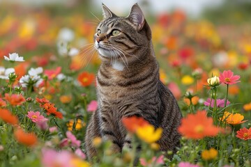A cat sitting among colorful flowers, perfect for pet or nature-themed images