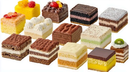 Colorful Array of Delectable Mini Cakes Displayed on White Background for Dessert Lovers and Food Enthusiasts