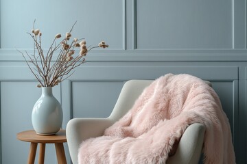 Cozy mid century armchair plush pink faux fur throw blanket