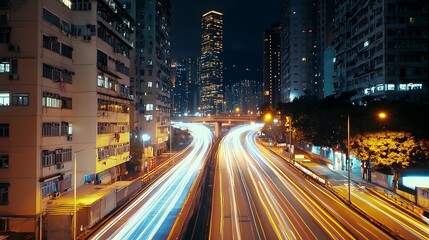 Fototapeta premium Hong Kong Night: Cityscape Lights Blur at Intersection. AI Generated