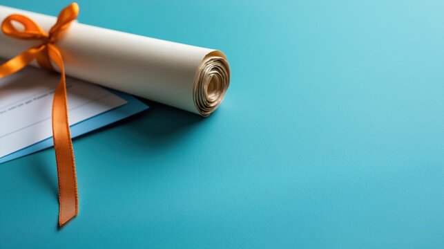 Graduation ceremony scroll with orange ribbon on turquoise background celebratory event close-up view graduation concept