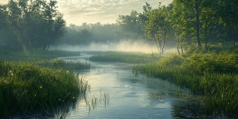 Fototapeta premium Serene Marshland River Misty Morning Lush Greenery Calm Water
