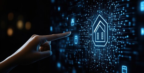 Human hand interacting with futuristic digital home interface, representing modern technology in smart home applications