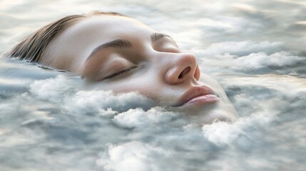 Fototapeta premium Woman's face submerged in a cloud-like substance, eyes closed, serene expression.