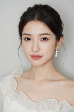 Elegant Asian Woman in White Off-Shoulder Top Portrait