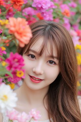 Fototapeta premium Young Beautiful Asian Woman Surrounded by Vibrant Spring Flowers