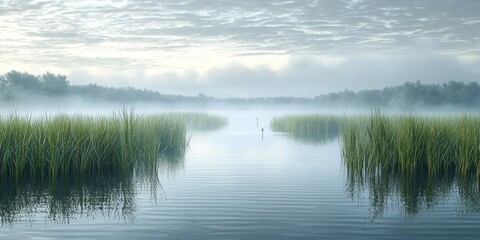 Fototapeta premium Serene Misty Marshland Calm Water Tall Grasses Foggy Sky
