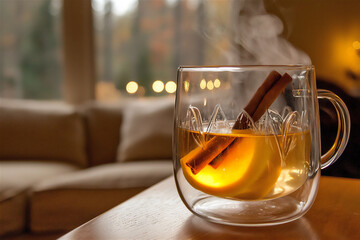a steaming cup of spiced apple cider garnishe