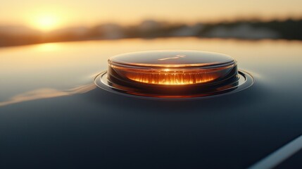 Close-up of a glowing orange button with a sunset in the background.