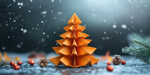 Colorful paper tree decorates a snowy winter landscape with festive charm and warm holiday spirit