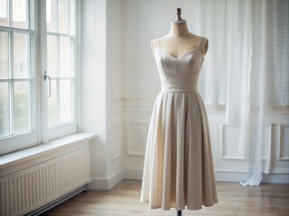 Fototapeta premium Elegant Minimalist Photography of a Sweetheart Neck Dress Showcased in a Soft, Neutral Setting with Subtle Textures and Natural Lighting for Fashion Enthusiasts