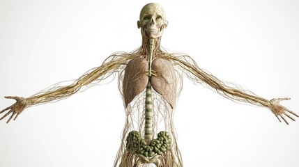 Comprehensive 3D illustration of human lymphatic system, isolated on white background