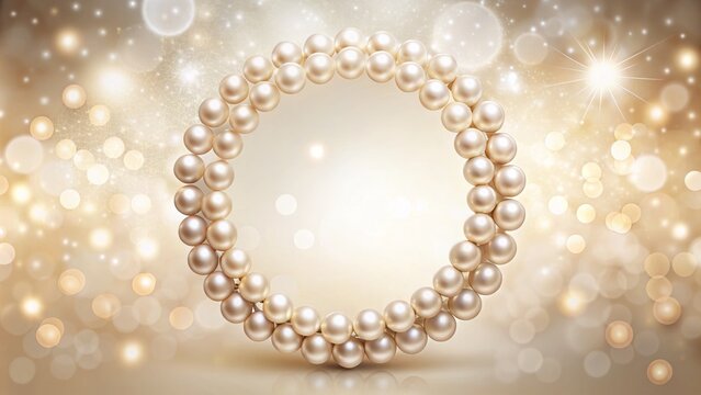 Elegant Pearl Beads Round Frame on Soft Beige Bokeh Background for Wedding Invitations - Realistic  Design with White Pearls and Delicate Details in High Depth of Field