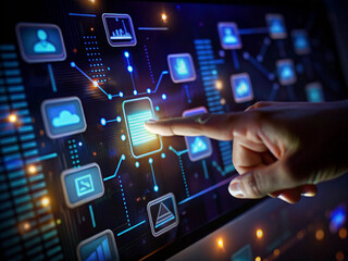 Fototapeta premium Futuristic technology interface, glowing cloud symbol, digital network connections, hand pointing, modern data visualization, cyber-intelligence, blue and neon lighting, high-tech atmosphere, innovati