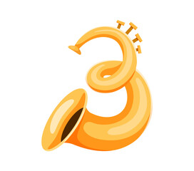 Obraz premium Horn musical instrument font 3 digit symbol. Sound festival classic equipment latin alphabet isolated vector numeral symbol, musician acoustic sax brass instrument arabic three digit or font figure