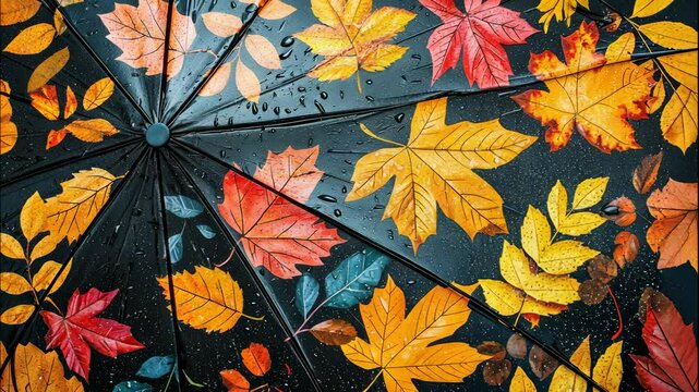 umbrella rain autumn leaves. Selective focus