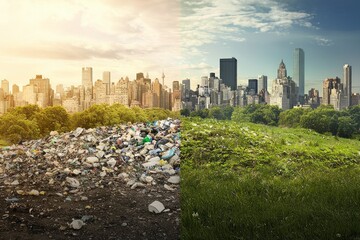 Obraz premium A split-screen of the same landscape, showing one side covered in trash and garbage with an urban cityscape background, while on the other half there is lush green grass and trees