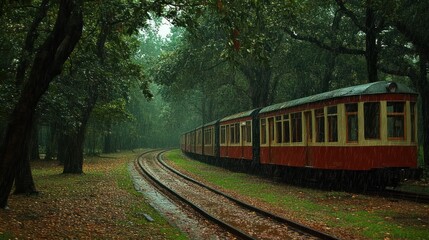 A vintage train sits on a rainy day, surrounded by lush trees and fallen leaves.