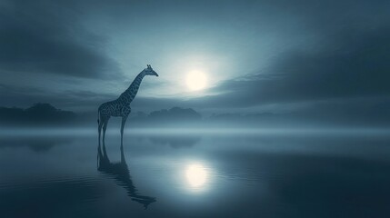 A serene silhouette of a giraffe against a misty landscape and full moon reflection.