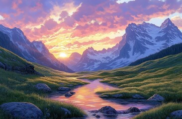 Serene Sunset Over Majestic Mountain Valley Stream