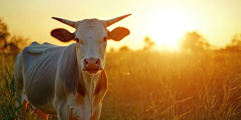 A cow grazing in a lush green field as the sun sets in the background