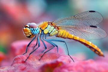 A dragonfly perched on top of a bright pink flower, with intricate details