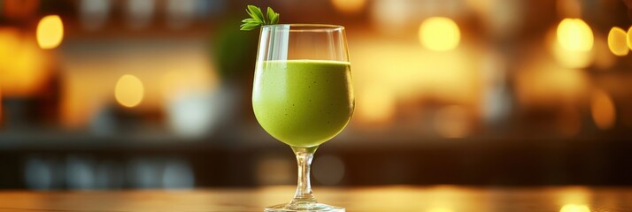 Festive Green Smoothie in Wine Glass. Non-alcoholic month. Dry January is public health campaign