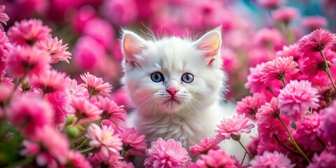 Enchanting Product Photography of a Fluffy White Kitten Surrounded by Pink Flowers for Whimsical Pet-Themed Marketing and Children's Products