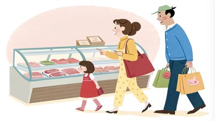 Fototapeta premium A cheerful family equipped with large shopping bags approaches a stall dedicated to meats. The father discusses the merits of different s of pork with the vendor while the mother