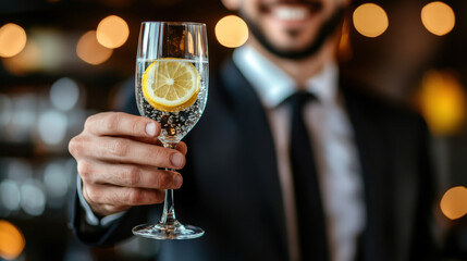 Celebratory Toast, Dry January Concept. Man with Wine Glass of water with Lemon, Non-alcoholic month